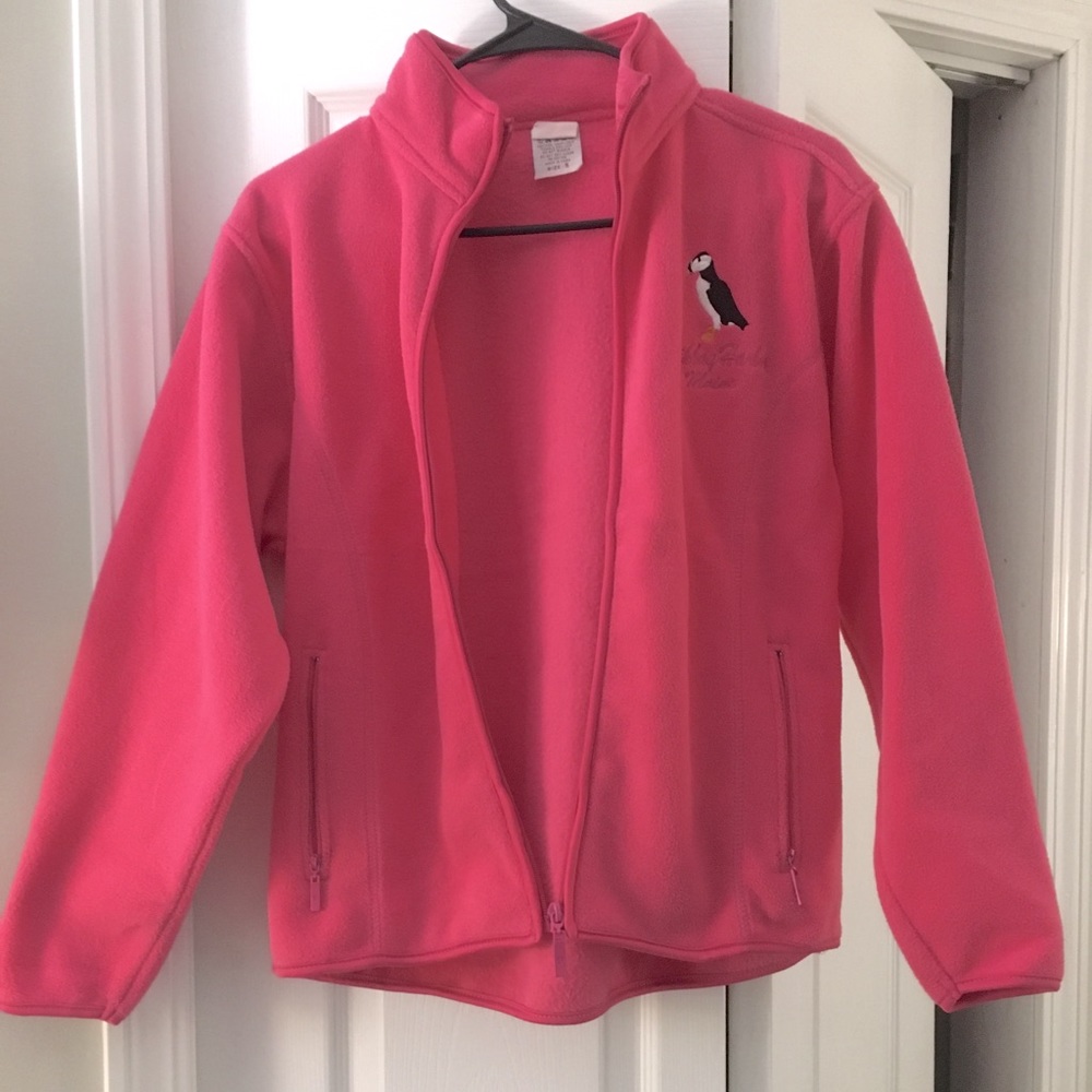Fuzzy warm pink zip up jacket.